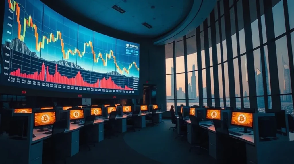 Modern crypto exchange trading floor with chart displays overlooking a Gulf city skyline at dusk.
