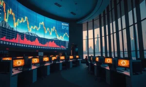 Modern crypto exchange trading floor with chart displays overlooking a Gulf city skyline at dusk.