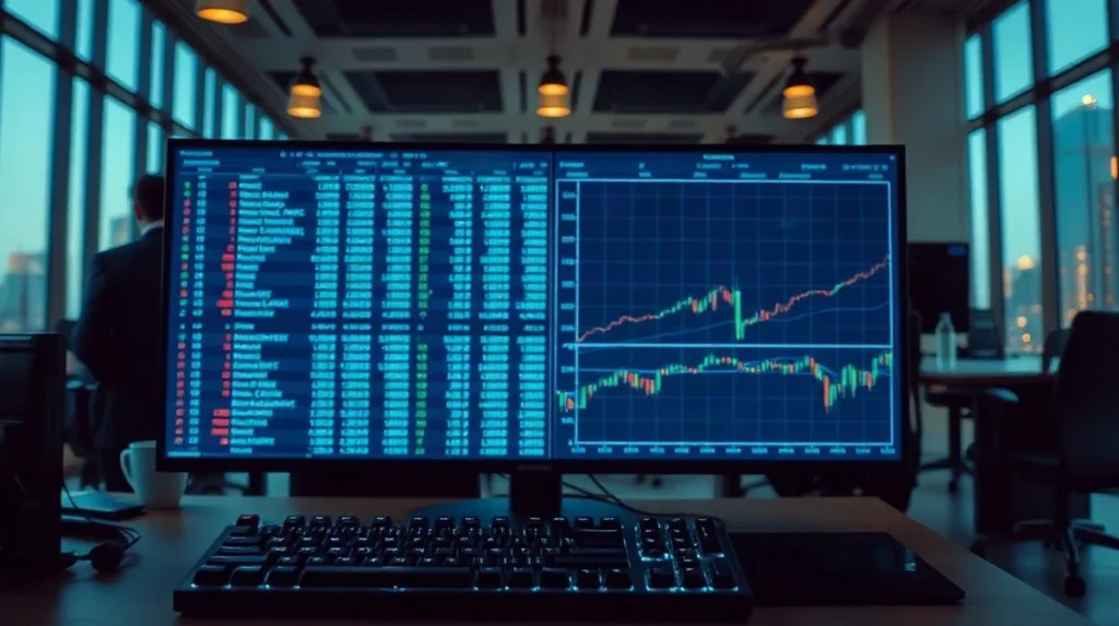 Trading operations desk with a monitor showing an abstract data dashboard at dusk