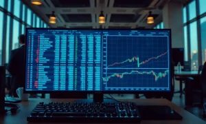Trading operations desk with a monitor showing an abstract data dashboard at dusk