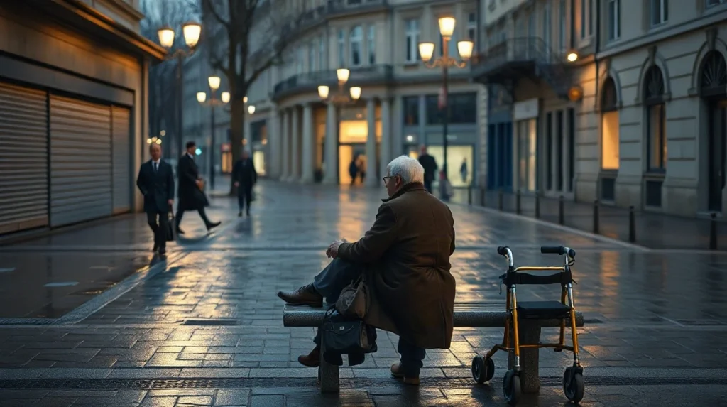 Elderly man seated alone in a rain-slicked European square at dusk as commuters pass behind him