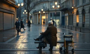 Elderly man seated alone in a rain-slicked European square at dusk as commuters pass behind him