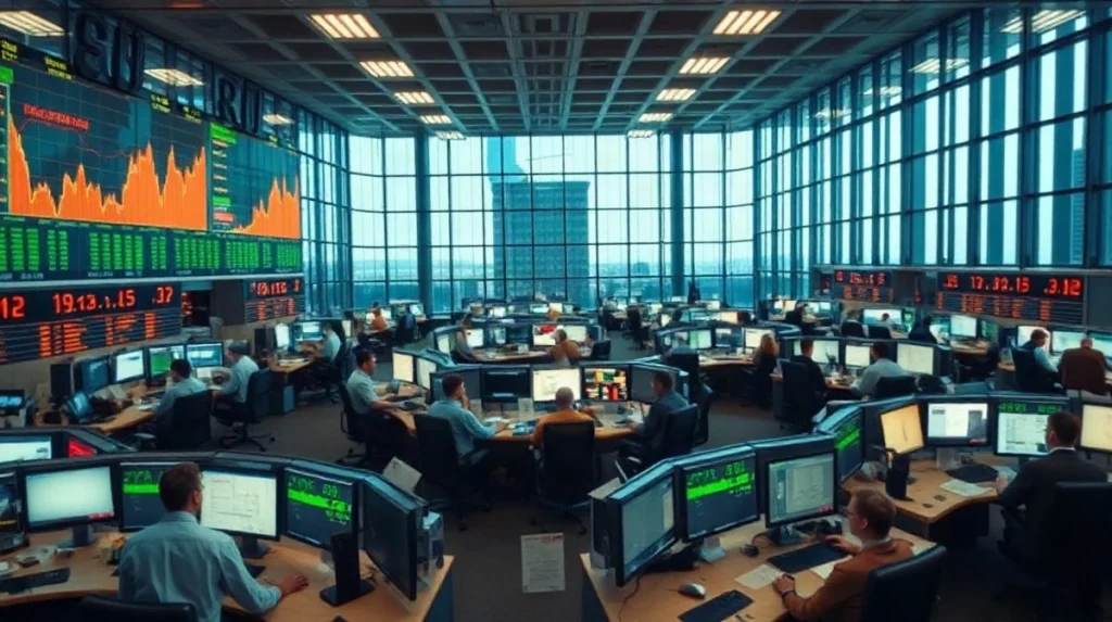 Traders at monitors on a modern bank trading floor in late afternoon light
