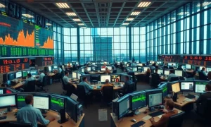 Traders at monitors on a modern bank trading floor in late afternoon light