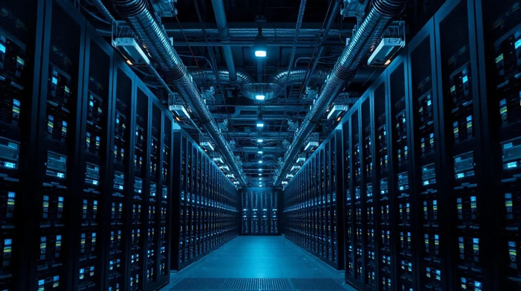 Rows of server racks inside an AI data center aisle with blue indicator lights
