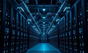 Rows of server racks inside an AI data center aisle with blue indicator lights