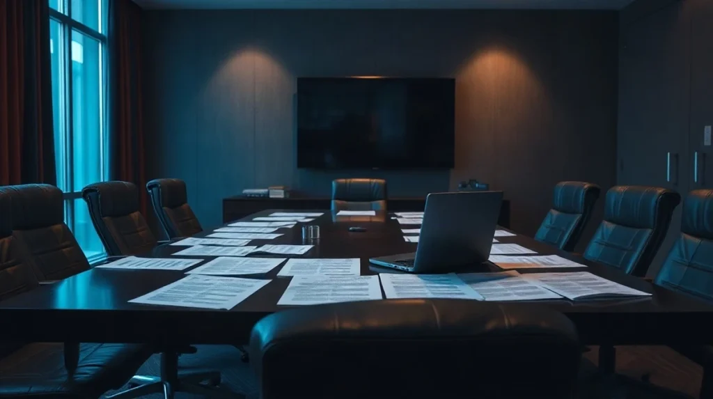 Empty boardroom table with merger documents and leather chairs under dim corporate lighting