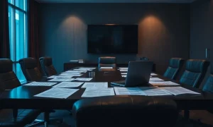 Empty boardroom table with merger documents and leather chairs under dim corporate lighting