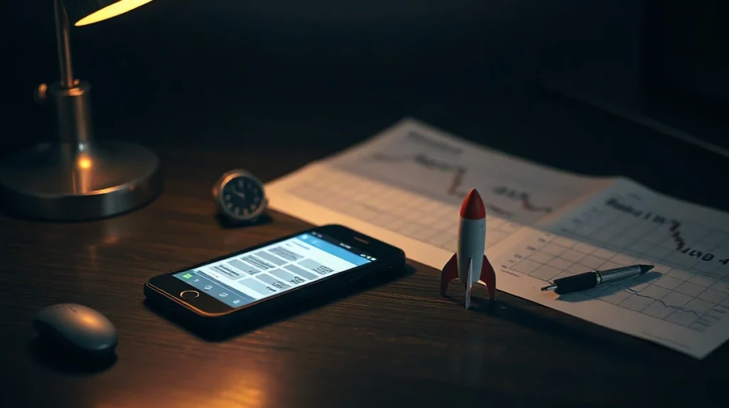 Smartphone showing an unreadable social post next to a model rocket and a stock chart on a desk