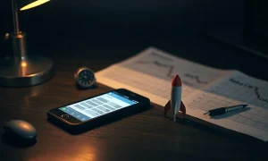 Smartphone showing an unreadable social post next to a model rocket and a stock chart on a desk