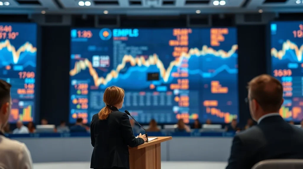 Nasdaq CEO Adena Friedman speaking at a financial conference stage in Singapore