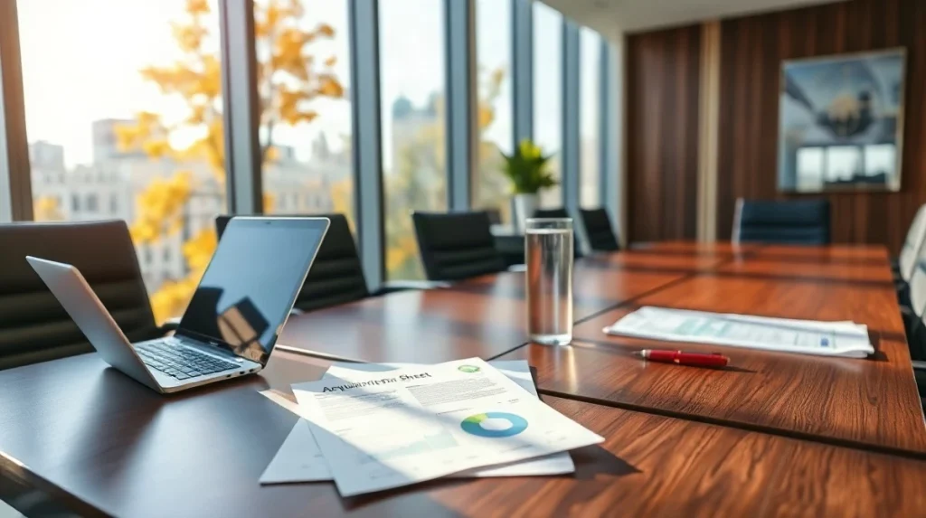 Boardroom table with acquisition documents and a laptop in daylight, illustrating corporate deal news.