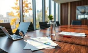 Boardroom table with acquisition documents and a laptop in daylight, illustrating corporate deal news.