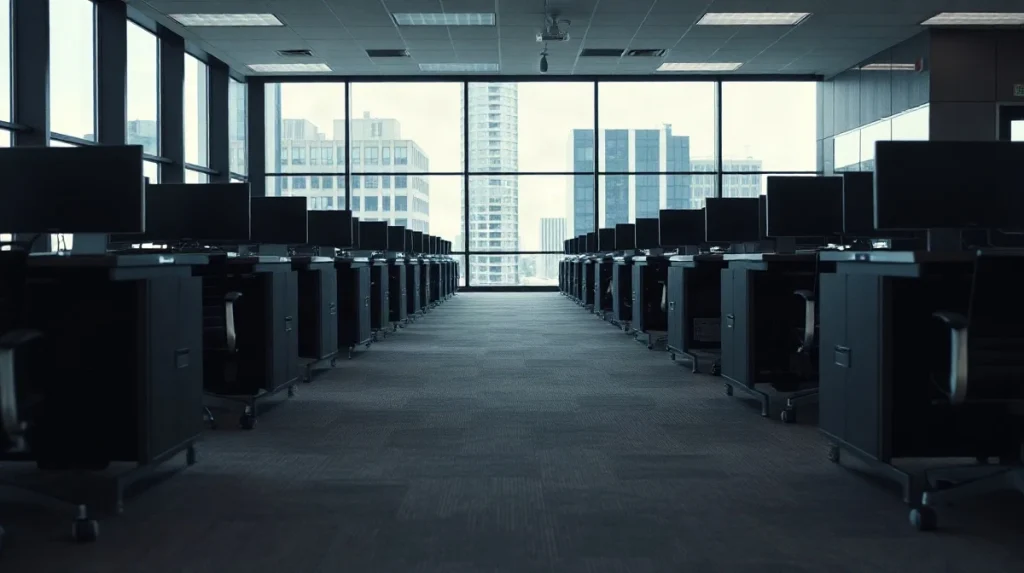 Empty desk rows on a quiet office floor at Nike headquarters