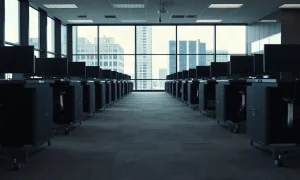 Empty desk rows on a quiet office floor at Nike headquarters