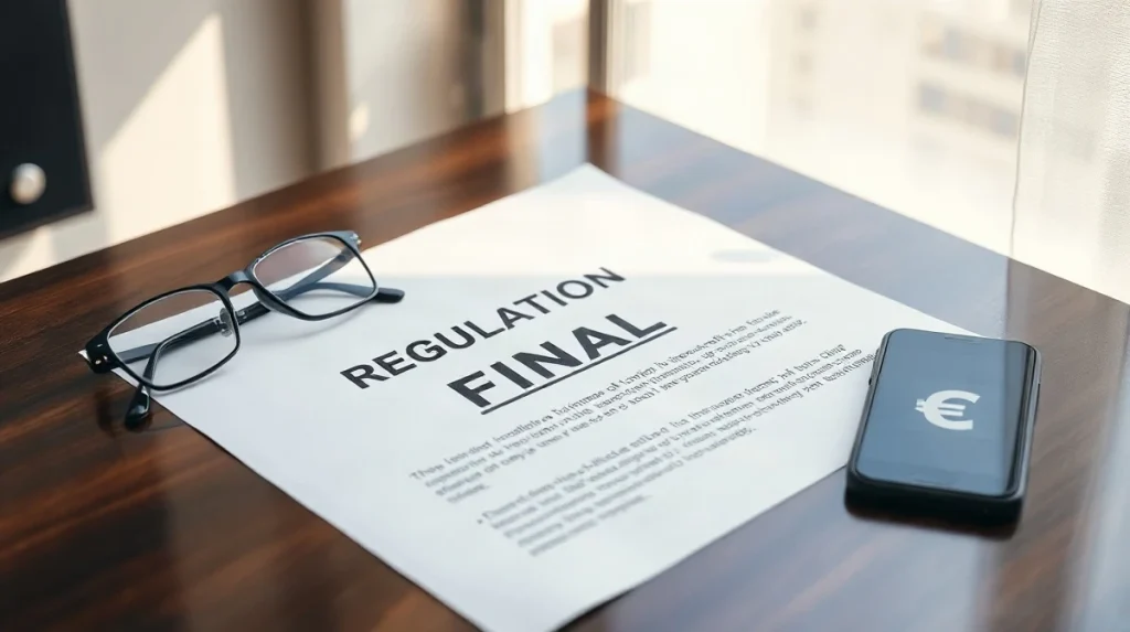 Final regulatory rule document on a desk with reading glasses and a smartphone