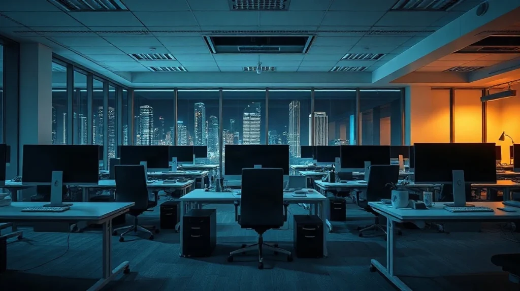 Empty technology office desks lit at night, illustrating a safety leader's departure from OpenAI