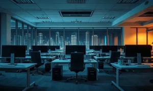 Empty technology office desks lit at night, illustrating a safety leader's departure from OpenAI
