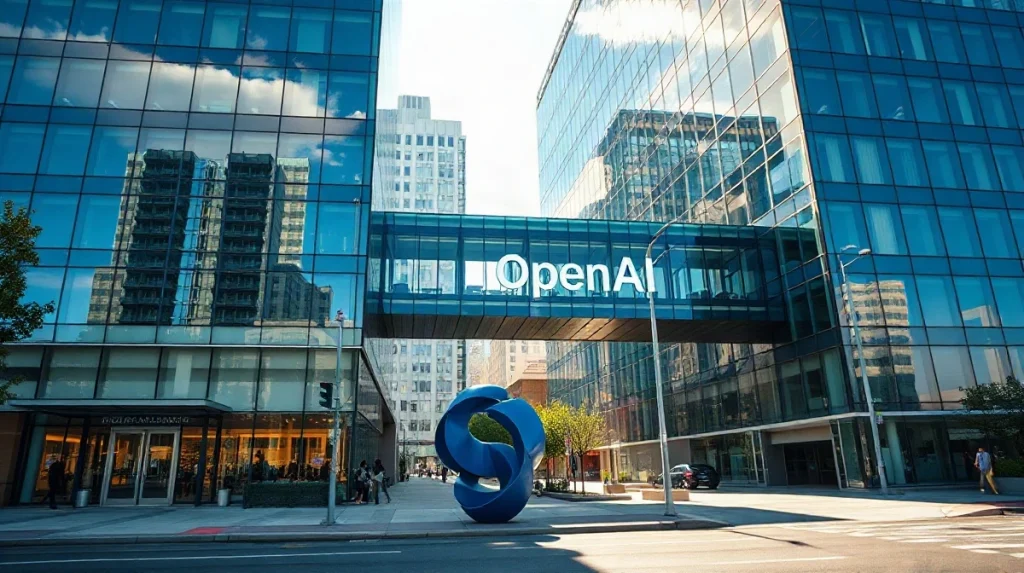 OpenAI headquarters building in San Francisco with glass skybridge and blue sculpture