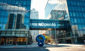 OpenAI headquarters building in San Francisco with glass skybridge and blue sculpture