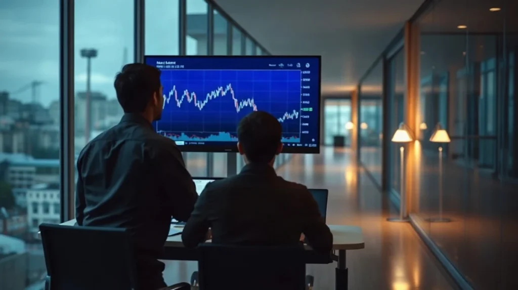 Analyst at a desk studying a falling line chart on a monitor in a dim newsroom