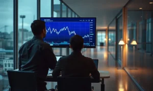 Analyst at a desk studying a falling line chart on a monitor in a dim newsroom