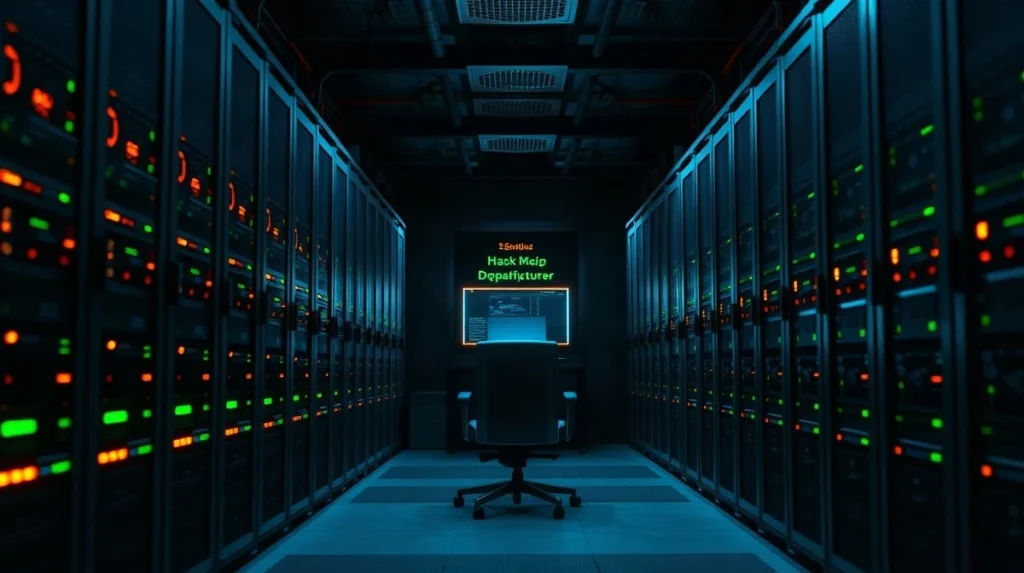 Dimly lit server room with blinking rack lights and a monitoring desk in the background