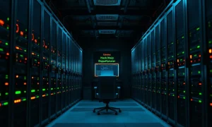 Dimly lit server room with blinking rack lights and a monitoring desk in the background