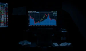 Empty night-time trading desk with a monitor showing a frozen order book after Polymarket halted trading