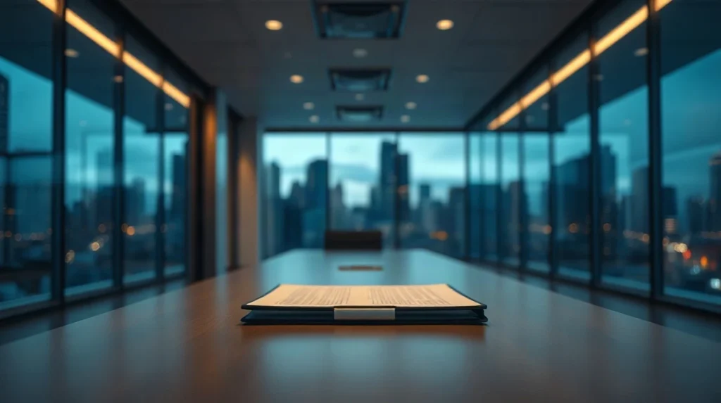 Empty glass office meeting room with a document folder on the table at dusk
