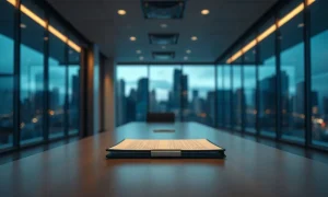 Empty glass office meeting room with a document folder on the table at dusk