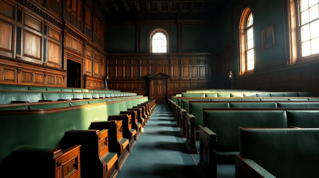 Empty seats in a legislative chamber lit by late afternoon light