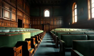 Empty seats in a legislative chamber lit by late afternoon light
