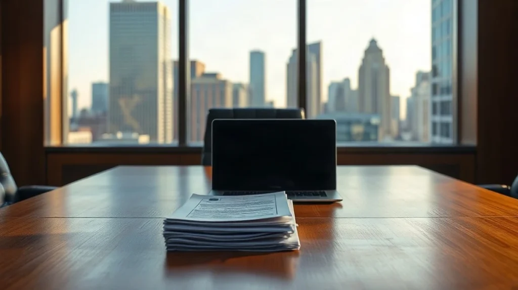 Empty chair and regulatory documents on a conference table in a sunlit office, illustrating the SEC crypto custody proposal.