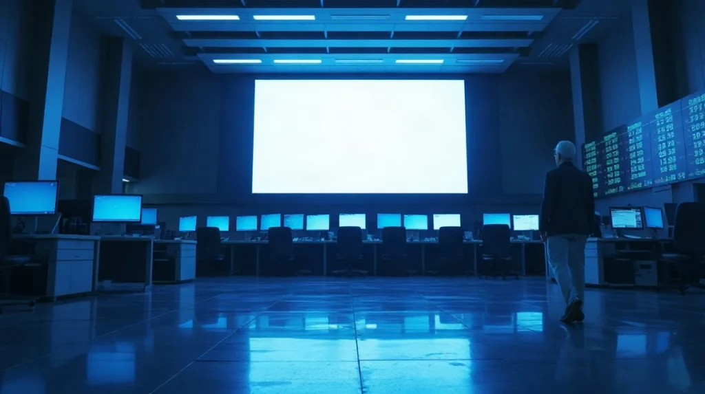 Empty U.S. exchange trading floor with glowing terminals at dawn