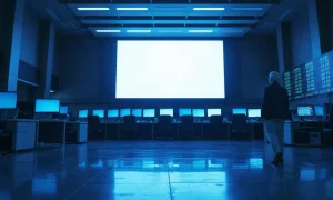 Empty U.S. exchange trading floor with glowing terminals at dawn