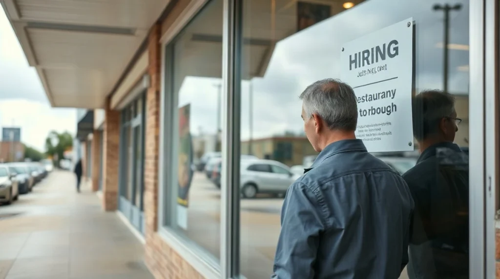 Jobseeker reading a hiring sign taped in a storefront window