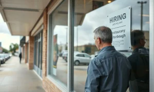 Jobseeker reading a hiring sign taped in a storefront window