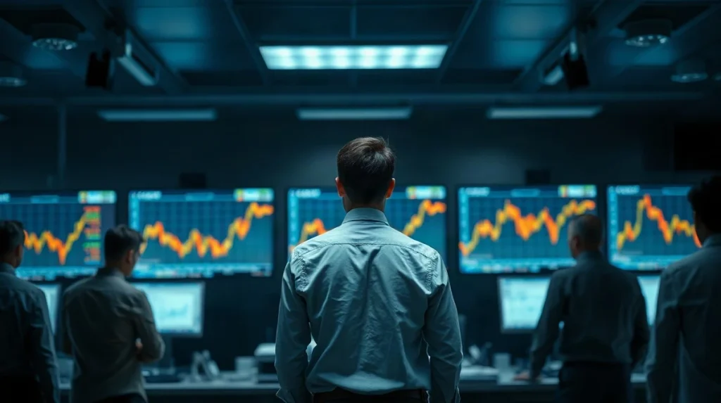 Trader watching a rising price chart on monitors on a trading floor