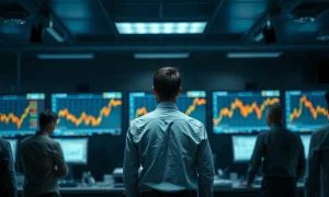 Trader watching a rising price chart on monitors on a trading floor