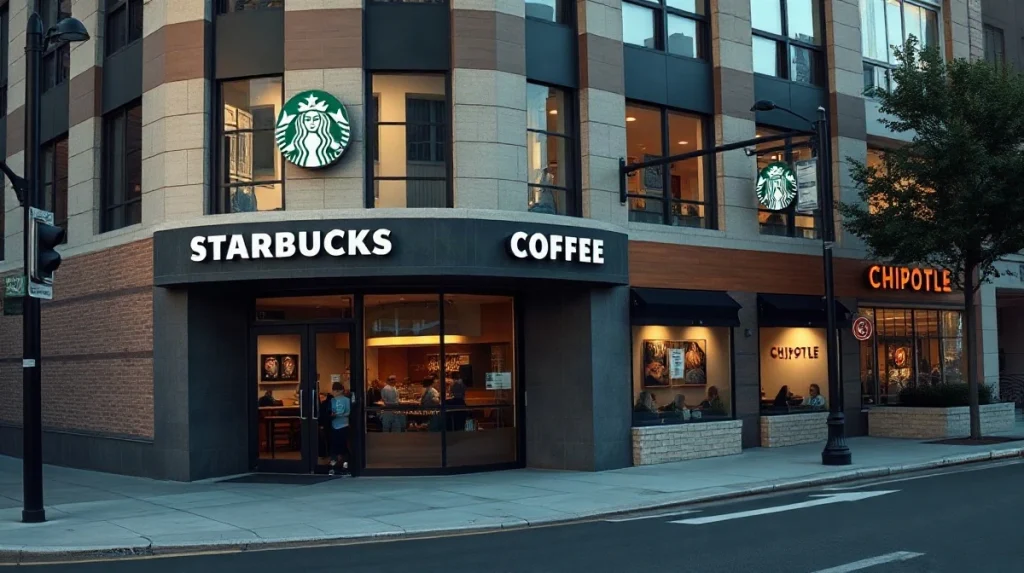 Starbucks storefront on a city street with a Chipotle restaurant visible in the background