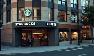 Starbucks storefront on a city street with a Chipotle restaurant visible in the background