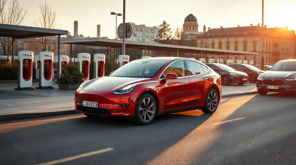 Tesla Model Y parked at a European charging station during golden hour