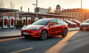 Tesla Model Y parked at a European charging station during golden hour