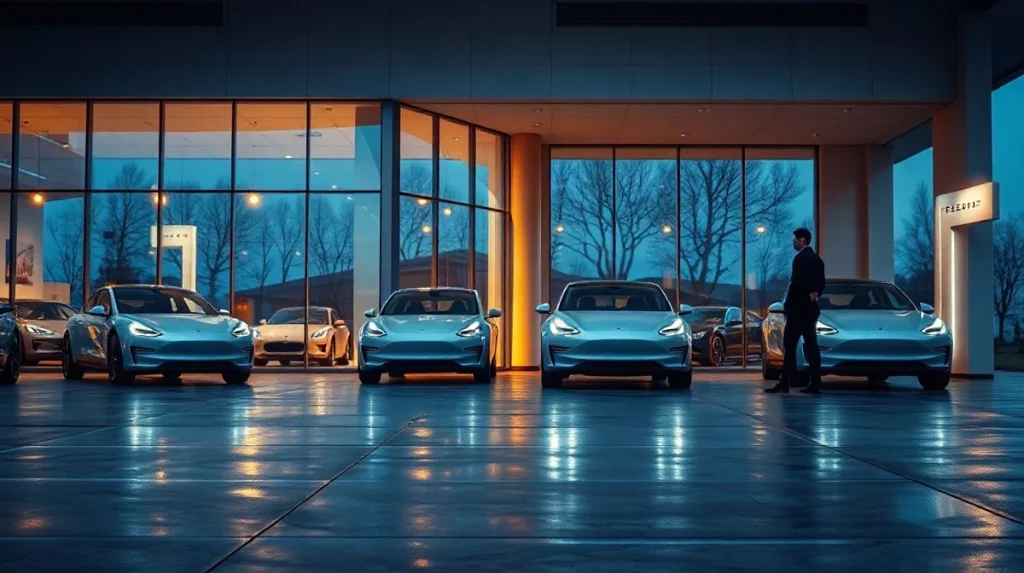 Electric cars behind showroom glass at dusk, reflecting warm interior lighting