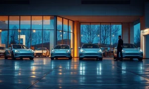 Electric cars behind showroom glass at dusk, reflecting warm interior lighting