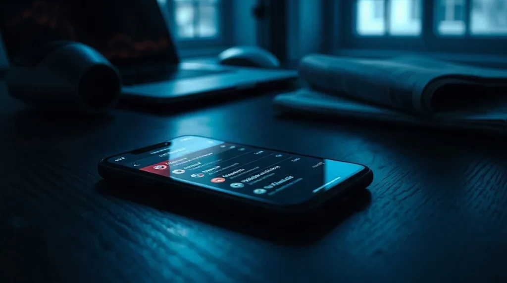 Smartphone showing frozen stablecoin wallet transactions on a dark desk at night.