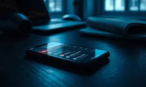 Smartphone showing frozen stablecoin wallet transactions on a dark desk at night.