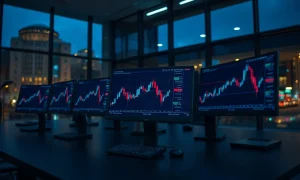 Trading terminals glowing overnight in a London brokerage office