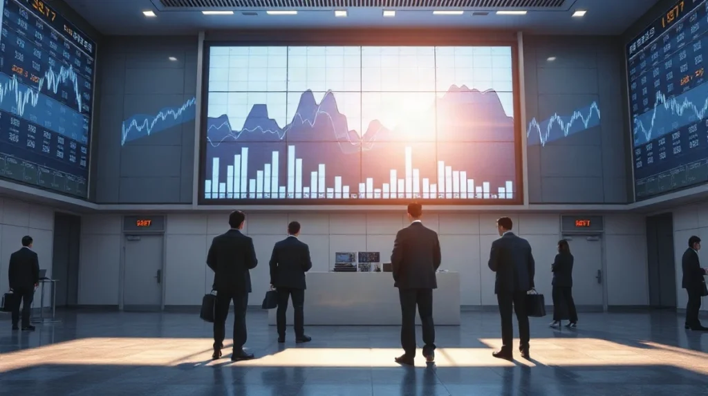 Tokyo Stock Exchange trading floor with a large electronic index board showing market charts